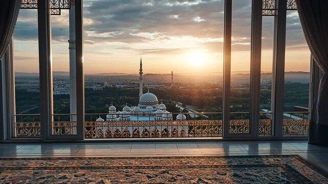 View of the Sultan Salahuddin Abdul Aziz Mosque at sunset from the palace window