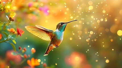 Fototapeta premium A Golden Hummingbird, A Tiny Flash of Brilliance, Hovering Gracefully in the Air, Capturing the Essence of Beauty and Nature’s Wonders