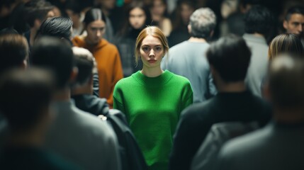 A woman in a green sweater stands in front of a crowd of people. The crowd is made up of people of all ages and sizes