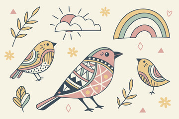 12 Colorful abstract bird shapes, whimsical bird icons, minimalist bird designs, pastel color palette, playful geometric patterns, folk art inspired birds, hand-drawn style, flat design, quirky avian 