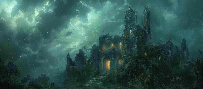 Ruined castle under stormy sky, mystical ambiance - Powered by Adobe