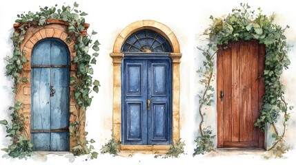 Fototapeta premium Watercolor classic farmhouse doors with brass knockers and ivy-covered walls. Three Watercolor Paintings of Vintage Doors with Ivy