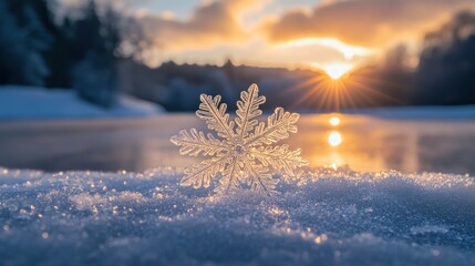 Crystal Snowflake on Snow at Sunrise over Frozen Lake