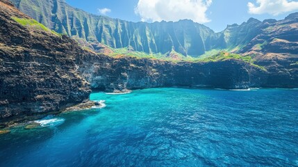Obraz premium Hawaiian Coastal Cliffs, Turquoise Water, Dramatic Scenery, Sunny Day