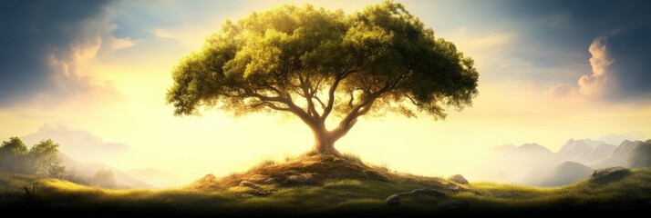 Majestic Tree on Hilltop at Sunrise