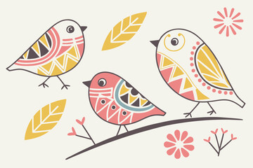 12 Colorful abstract bird shapes, whimsical bird icons, minimalist bird designs, pastel color palette, playful geometric patterns, folk art inspired birds, hand-drawn style, flat design, quirky avian 