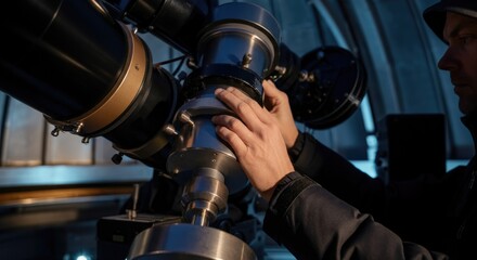 Person adjusting telescope in observatory at night