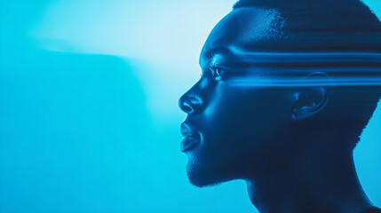 double exposure portrait of a young black man with neon motion blur, futuristic lighting, and abstract artistic effects