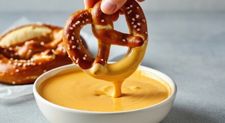 Hand dipping soft pretzel in cheese sauce, appetizing snack