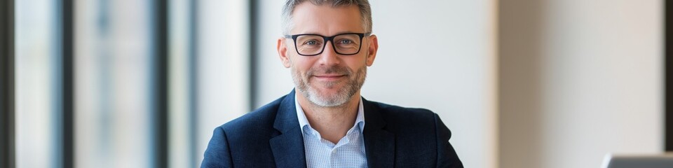 A man in a suit and glasses is smiling at the camera. He is sitting at a desk with a laptop in front of him
