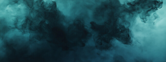 Abstract background featuring black smoke and green-blue watercolor with ample copy space, perfect for banners, creating a dramatic and artistic atmosphere.