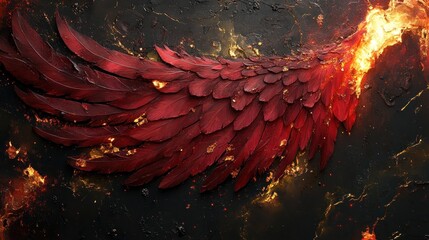 Fiery red wing on dark textured surface with flames