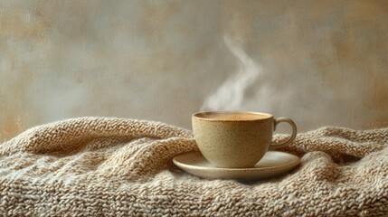Warm coffee cup on cozy knit blanket, steam rising, rustic background