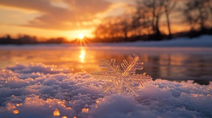 Frozen snowflake on snowy bank at winter sunset