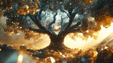 Mystical ancient tree, golden light, crystal ground, sunrise background
