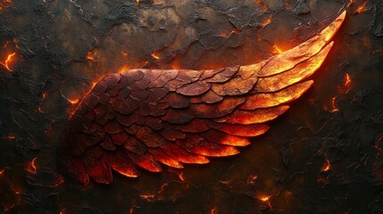 Fiery angel wing on volcanic rock backdrop