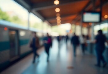 Fototapeta premium Generative AI Blurry Motion at Train Station With Commuters and Train on the Platform