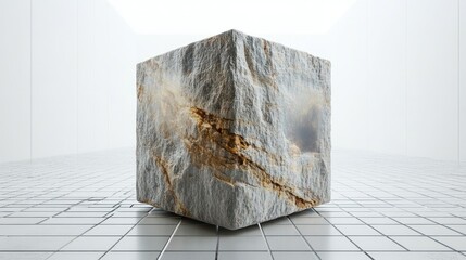 Abstract stone cube, modern minimalist interior, studio setting