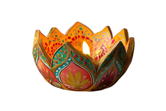 Illuminated Lotus Candle Holder HandPainted, Festive Diwali Decor, Teal, Orange, Gold