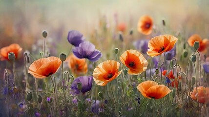 Obraz premium Watercolor Field of Poppies with Orange Purple Blooms Dreamy Impressionistic Landscape in Misty Dappled Sunlight