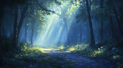 Obraz premium Sunlit Path Through a Mystical Forest