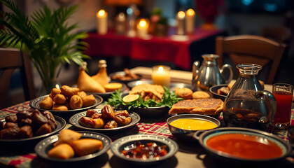 Served sweets and traditional arabic meals food for Ramadan Celebration. 