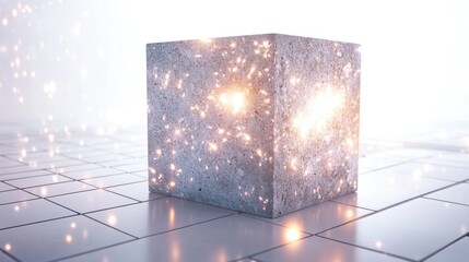 Illuminated concrete cube on tiled floor, futuristic background