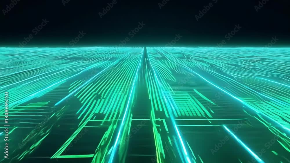 Wall mural digital teal grid lines flowing forward in virtual space. the futuristic network pattern extends tow