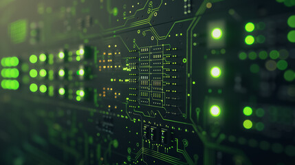 Circuit Board Illuminated: A close-up view of a modern circuit board with glowing green lights, highlighting the intricate technology.