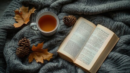 Autumnal comfort tea, book, and leaves on a cozy knit blanket