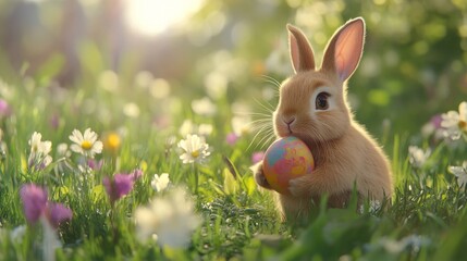 Adorable Easter Bunny Holding Colorful Egg In Spring Meadow
