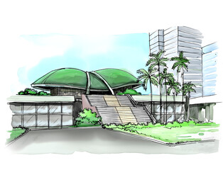 Sketch of the Indonesian House of Representatives Building, using pen and watercolor media.