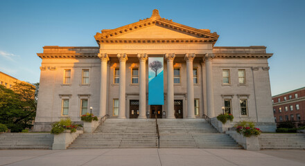 Obraz premium Neoclassical building with symmetrical columns and large steps, highlighted by evening sunlight