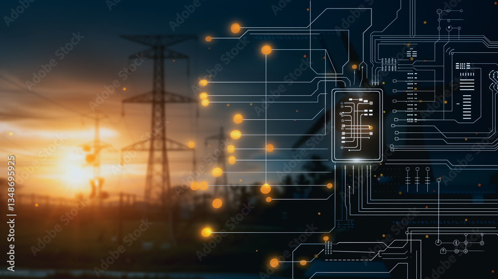 Poster power grid and digital circuit: a visual representation of modern technology and energy infrastructu