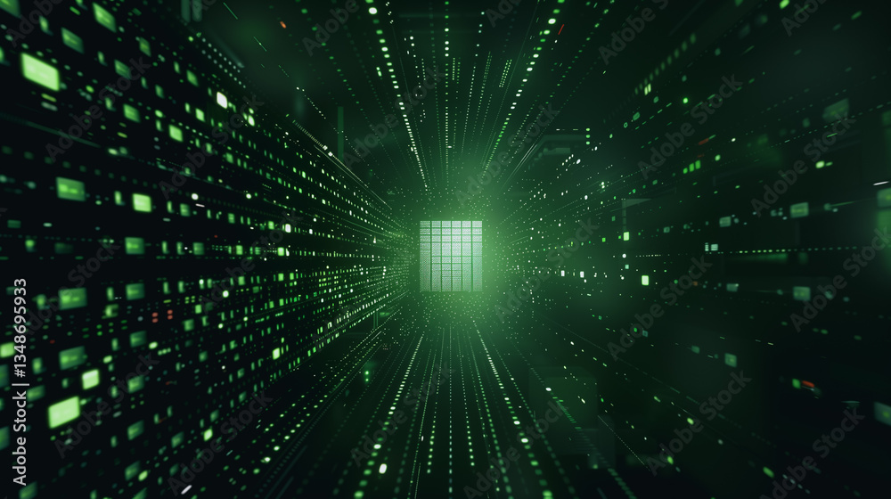 Poster digital core: a visualization of a digital core, data streams converge towards a central point, repr