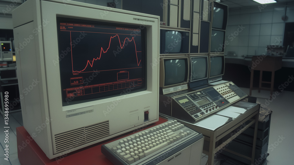 Poster retro tech data room: inside a vintage data control room, a retro computer monitor displays a red li