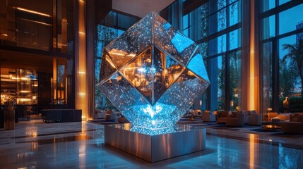 Modern art installation in a hotel lobby at night, showcasing a glowing crystal cube, with city view