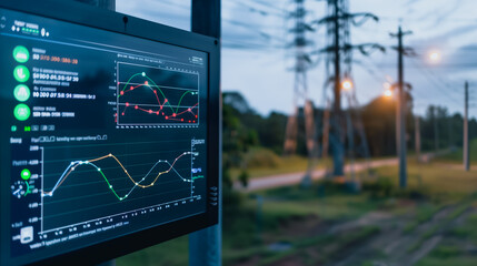 Electric Power Grid Monitoring: A high-tech control panel displays real-time data and intricate graphs, offering a glimpse into the complexities of an electric power grid.