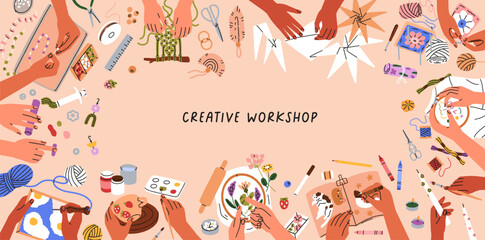 Hand crafts, banner design with creative handmade works, arts. Artisans DIY, handicrafts, handworks, background with handicraft supplies, handiwork tools for workshop. Flat vector illustration