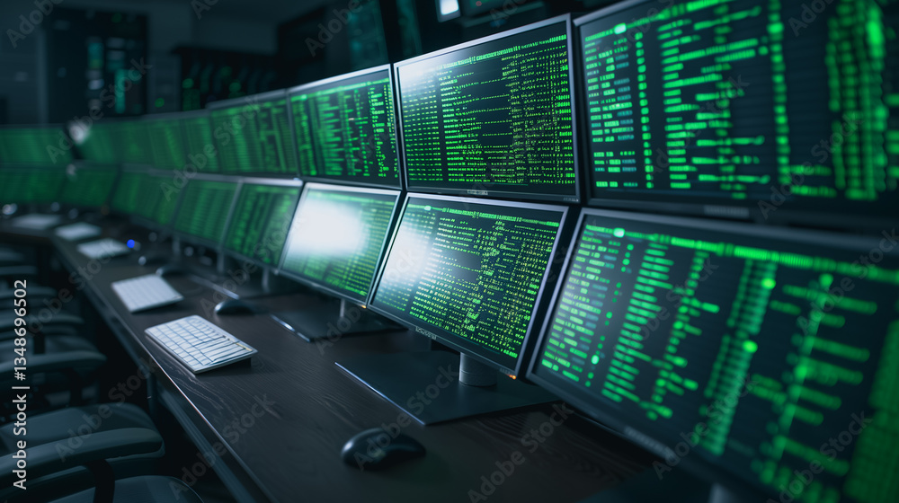 Poster cybersecurity command center: rows of computer monitors display streams of encrypted data, illuminat