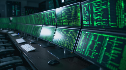 Cybersecurity Command Center: Rows of computer monitors display streams of encrypted data, illuminating the room with a futuristic green glow.