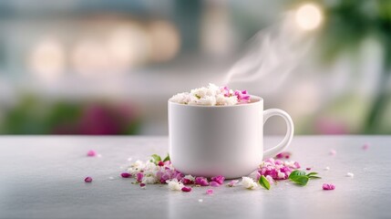Delicate floral tea steaming in a white cup