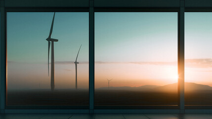 Fototapeta premium Horizon of Green Energy: Through a panoramic glass window, wind turbines stand tall against a breathtaking sunset, symbolizing the promise of clean, renewable energy.