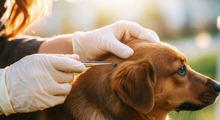 Person removing tick from dog's fur with tweezers