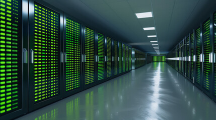 Data Center Corridor: A cutting-edge data center corridor is captured, showcasing a row of sleek servers and equipment in a technologically advanced environment.