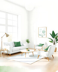 minimalist living room interior mockup, modern furniture and greenly decorative, white sofa and armchair, created by generative ai