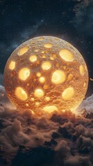 Spherical glowing object with craters, resembling a moon, floats above clouds in a starry night sky, emitting a warm golden light in a surreal, fantastical scene.