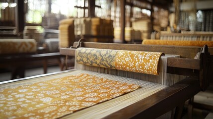 Traditional weaving loom, patterned fabric, artisan workshop, background of textiles