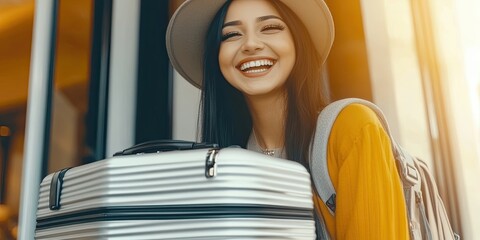 Close up of luggage with hat and blurred background of happy female tourist in hotel after check in.