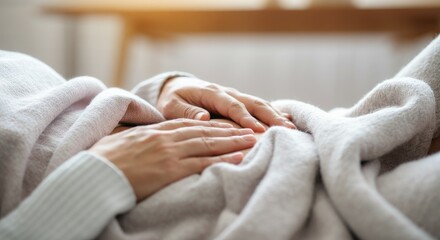 Close-up of person lying down under blanket, hands resting on belly